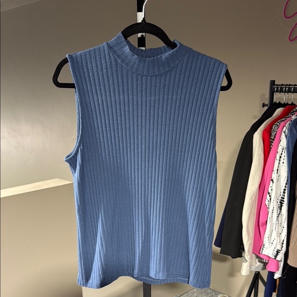 Liverpool Tops - Liverpool Blue Ribbed Mock Neck Sleeveless Top
